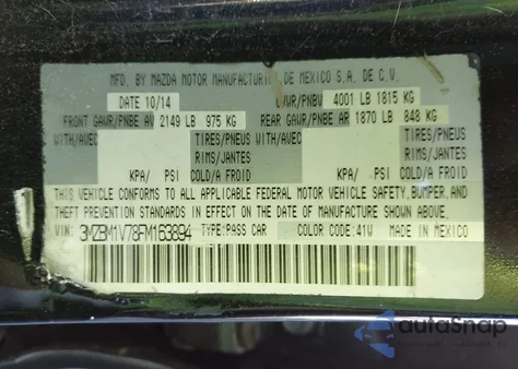 2015 Mazda Mazda3 I Touring z USA, uszkodzony, nr VIN 3MZBM1V78FM163894